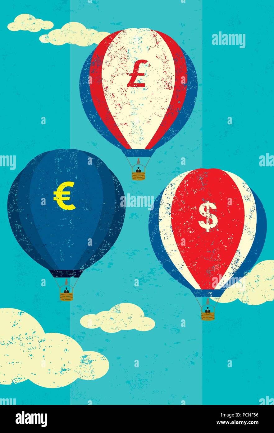 Les fluctuations des taux de montgolfières avec symboles de devises représentant la fluctuation constante des différentes valeurs monétaires. L'air chaud ballo Illustration de Vecteur