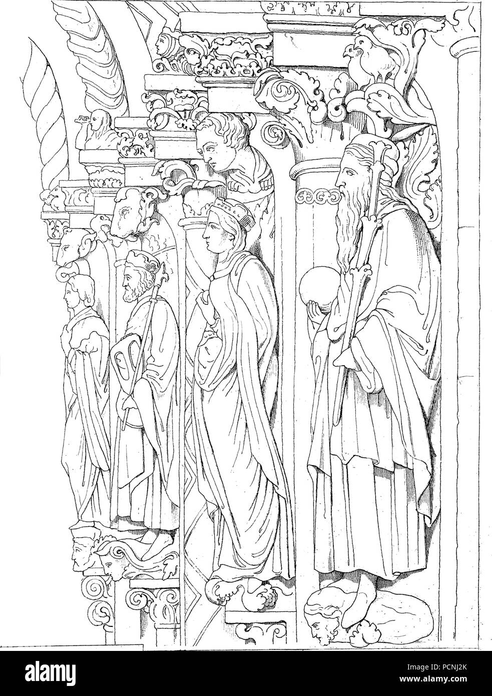 Statues dans le golden gate de la cathédrale de Freiberg, Saxe, Allemagne, l'amélioration de la reproduction numérique d'une image historique de l'année 1885 Banque D'Images
