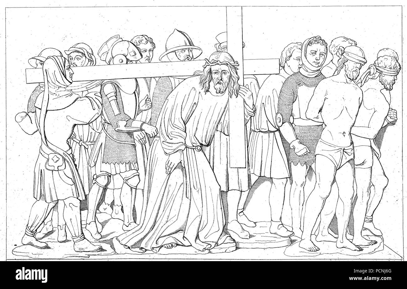 Jésus le Christ portant la croix sur le chemin de sa crucifixion, amélioration numérique reproduction d'une image historique de l'année 1885 Banque D'Images