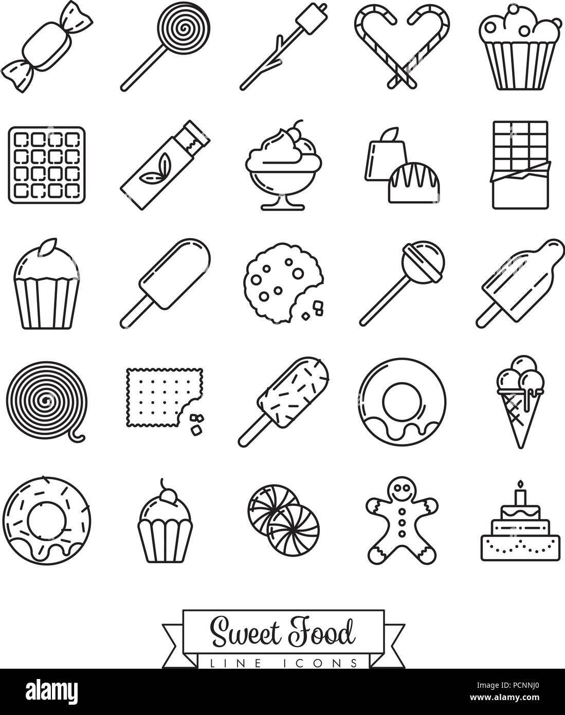 L'icône de la ligne d'aliments sucrés vector collection avec des sucreries, bonbons, chocolats et gâteaux Illustration de Vecteur