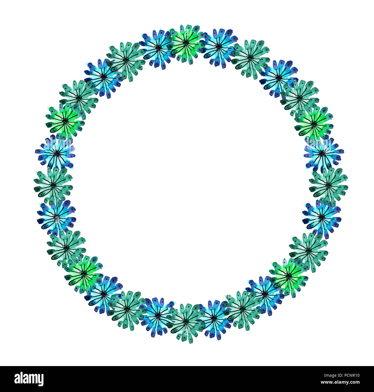 Aquarelle et encre illustration de guirlande. Fleur multicolore garland en tons de vert, bleu. La couronne de mariage, boho, romantique. Fond blanc Banque D'Images
