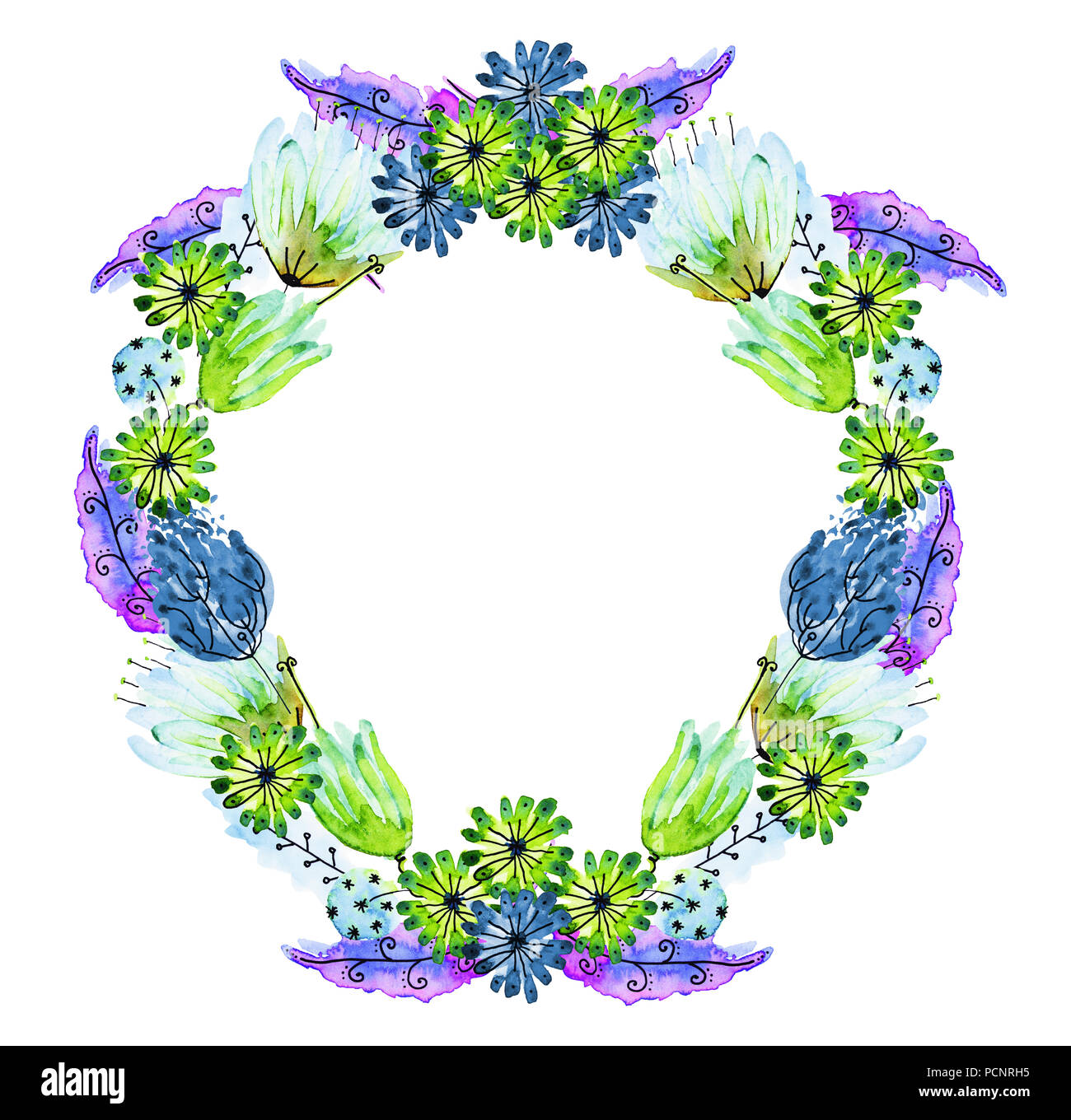 Aquarelle et encre illustration de guirlande. Fleur multicolore garland en bleu, vert, turquoise, rose de nuances. La couronne de mariage. Boho, thème romantique Banque D'Images