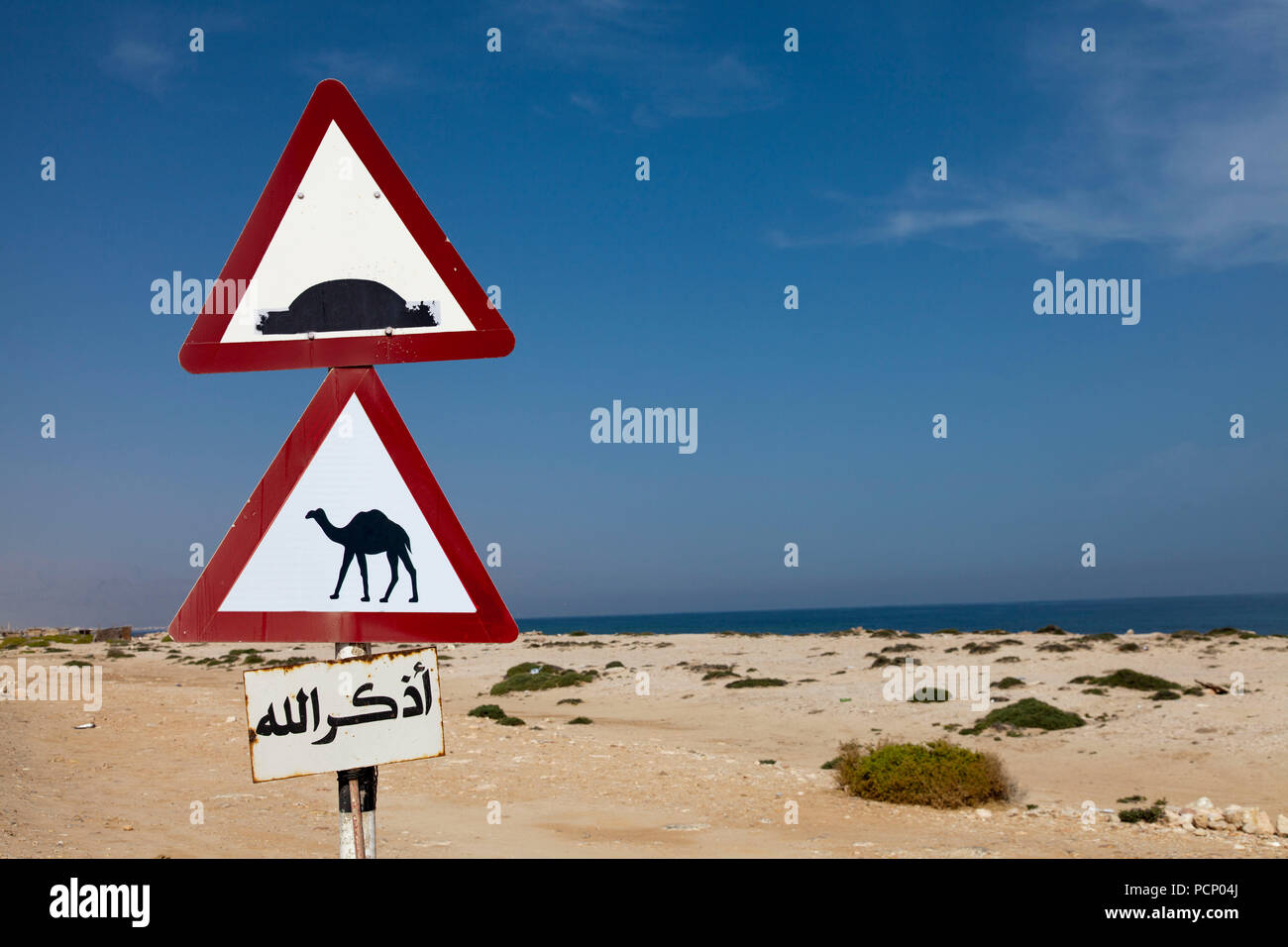 Oman, Sur, la signalisation routière dans le désert Banque D'Images