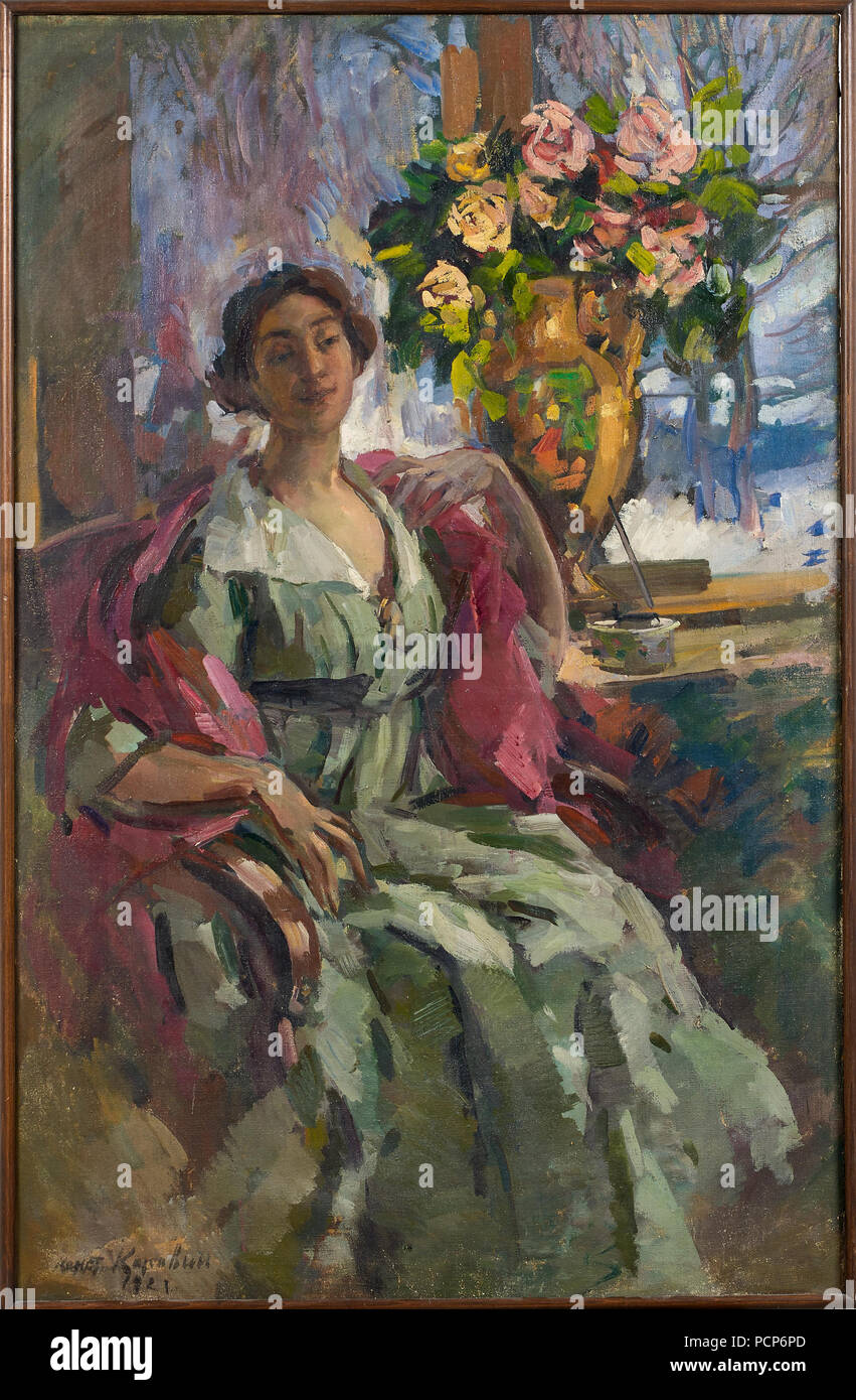 Femme avec bouquet de roses, 1921. Banque D'Images