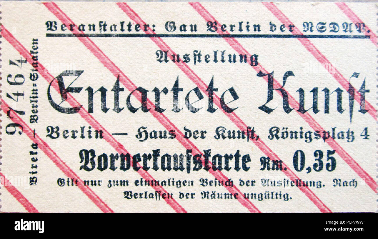 Billet pour l'exposition Art dégénéré à Berlin, 1937-1938. Banque D'Images
