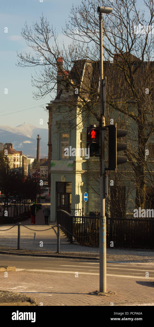 Le feu de circulation sur le passage pour piétons s'allume en rouge. L'interdiction d'entrée de la rue. Dans l'arrière-plan est la construction et l'arbre. Banque D'Images