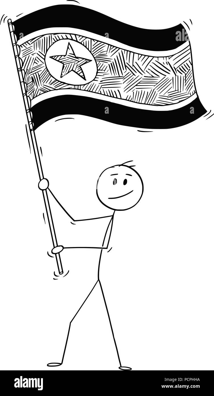 Caricature de l'homme, brandissant le drapeau de la République populaire démocratique de Corée et la Corée du Nord Illustration de Vecteur