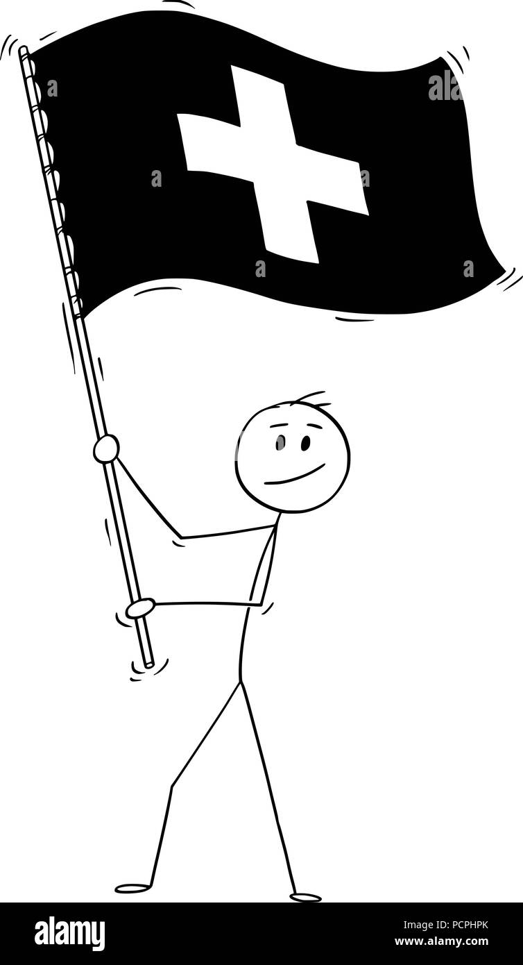Caricature de l'homme, brandissant le drapeau de la Confédération suisse ou de Suisse Illustration de Vecteur