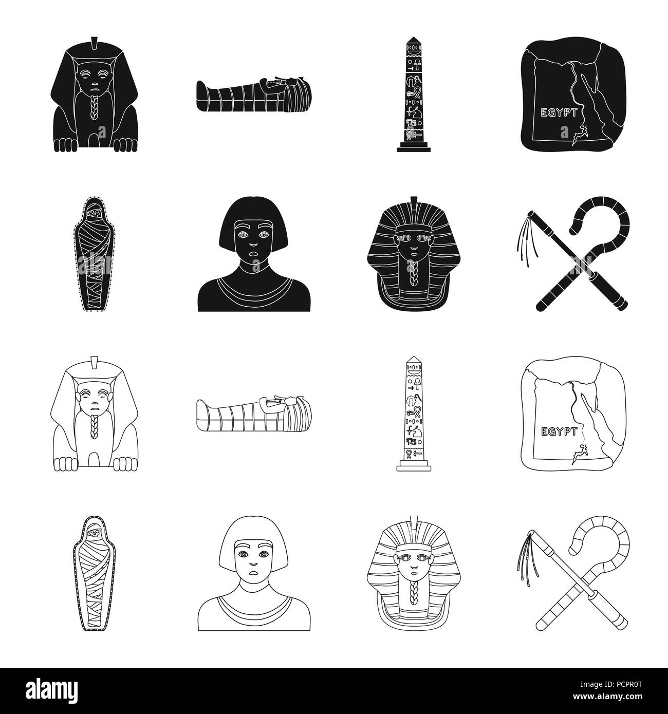 Crook et un broyeur, un masque d'or, un égyptien, une momie dans un tombeau.L'Égypte ancienne collection set icônes de style du contour noir, symbole vecteur stock illustrati Illustration de Vecteur