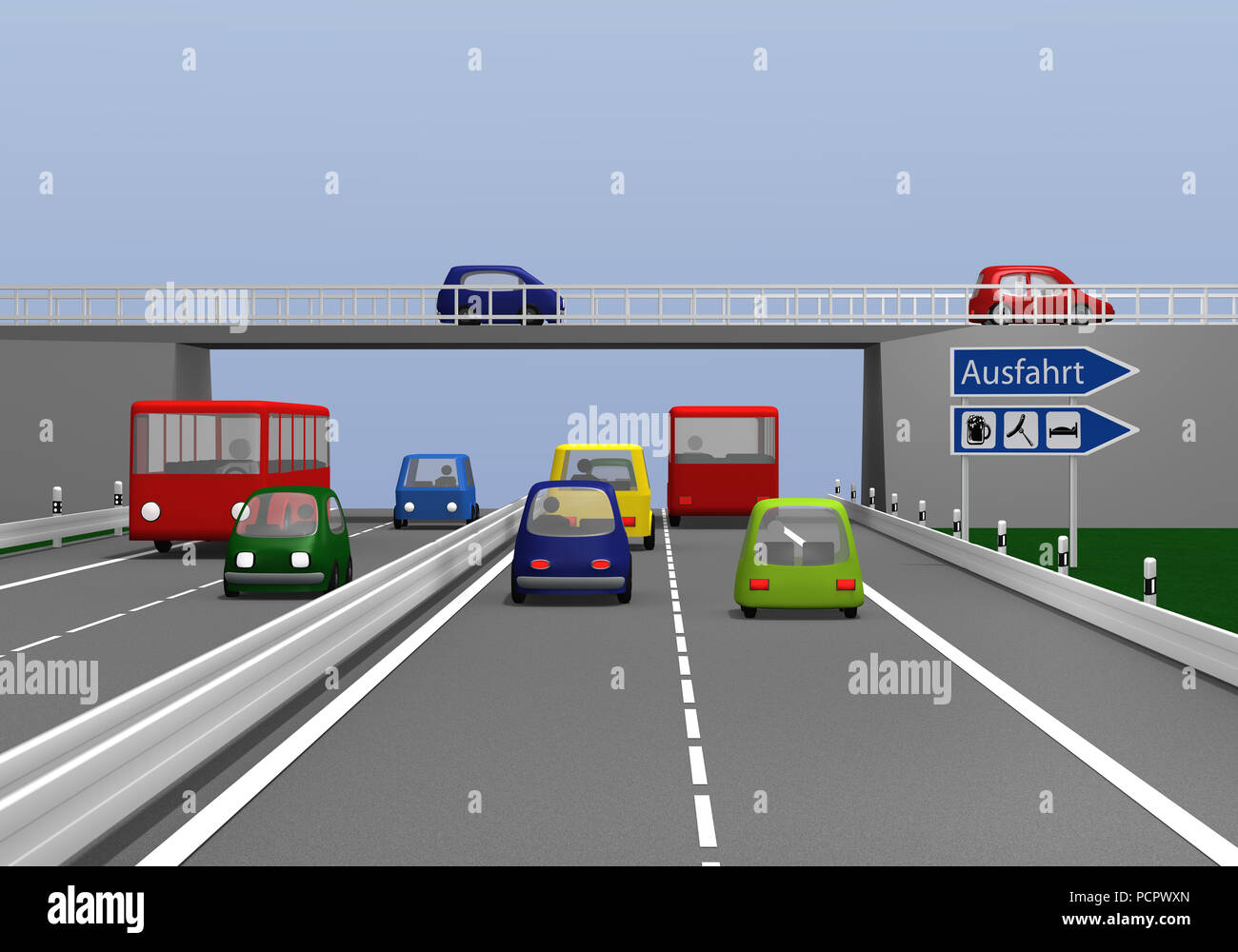 L'autoroute avec des voitures et panneau de sortie. Sortie de texte en allemand. Le rendu 3D Banque D'Images L'autoroute avec des voitures et panneau de sortie. Sortie de texte en allemand. Le rendu 3D Banque D'Images