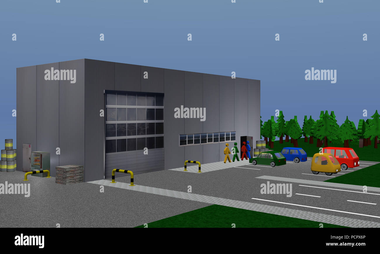 Hall d'entrée pour aller le peuple avec les barrières, les palettes et les barils, ainsi qu'un parking avec des voitures, parking. Le rendu 3D Banque D'Images Hall d'entrée pour aller le peuple avec les barrières, les palettes et les barils, ainsi qu'un parking avec des voitures, parking. Le rendu 3D Banque D'Images
