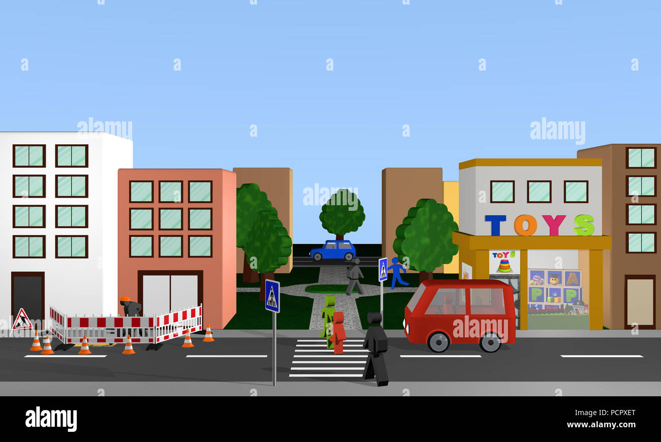 Vue sur la ville à partir de l'avant avec passage piétons et voitures. Le rendu 3D Banque D'Images Vue sur la ville à partir de l'avant avec passage piétons et voitures. Le rendu 3D Banque D'Images