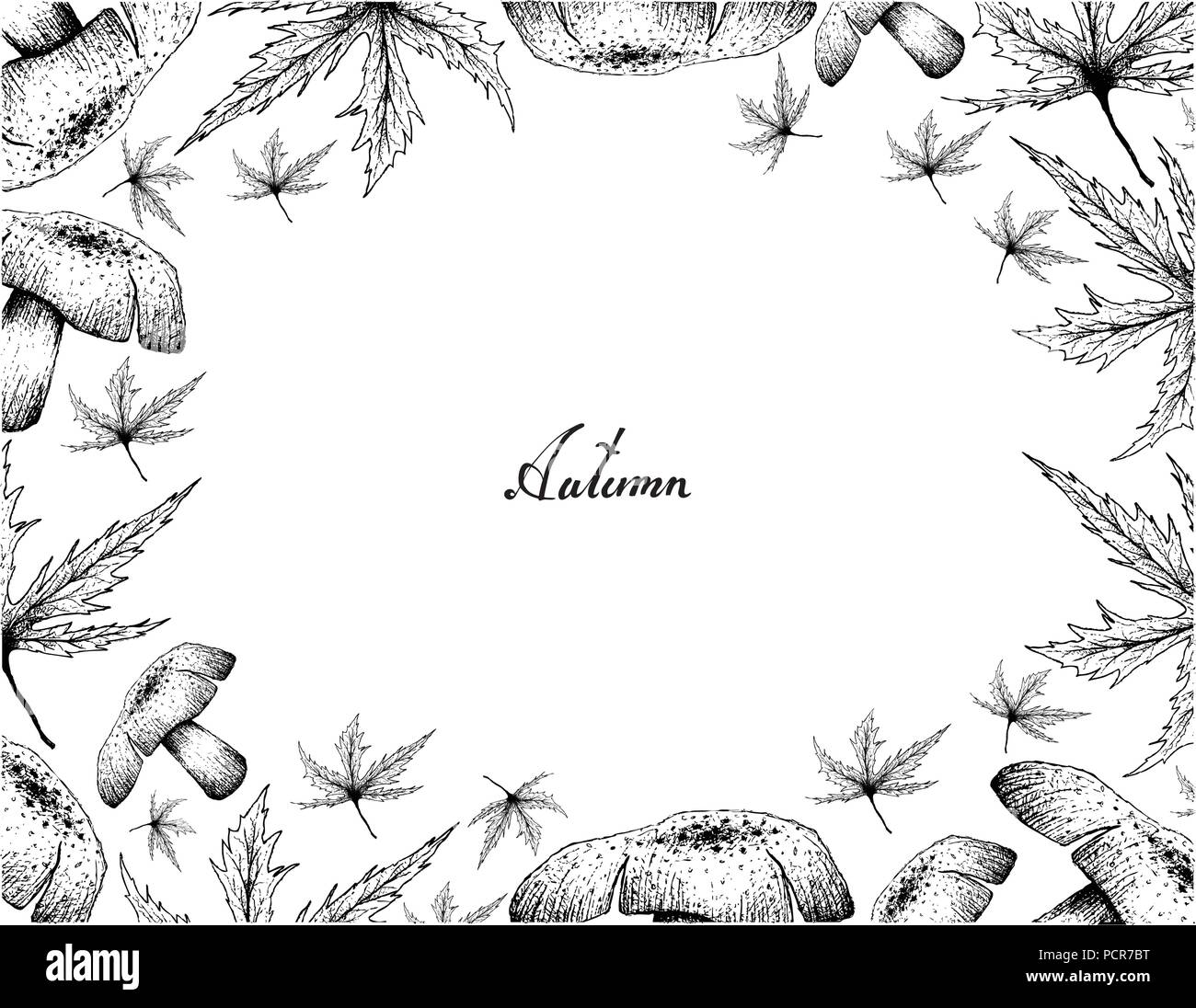 Arbre d'automne, de l'illustration à la main Cadre de belles feuilles d'érable et les champignons. Apparaissent également en Europe, en Afrique du Nord et en Amérique du Nord en Aut Illustration de Vecteur
