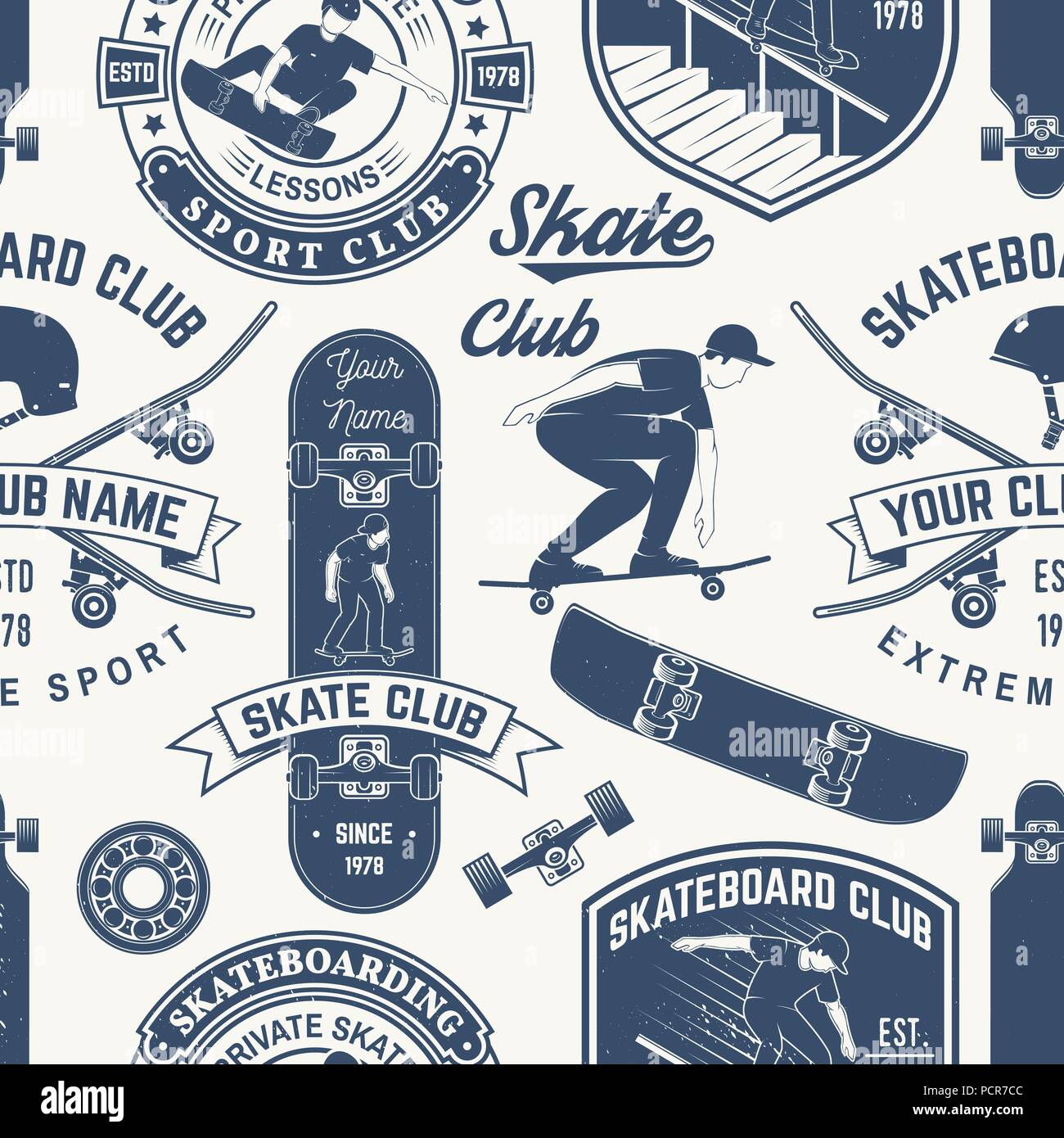 Skateboard et longboard motif ou sans club l'arrière-plan. Vector illustration. Retro typographie design avec la planche, casque, skateboard silhouette. Sport extrême. Illustration de Vecteur