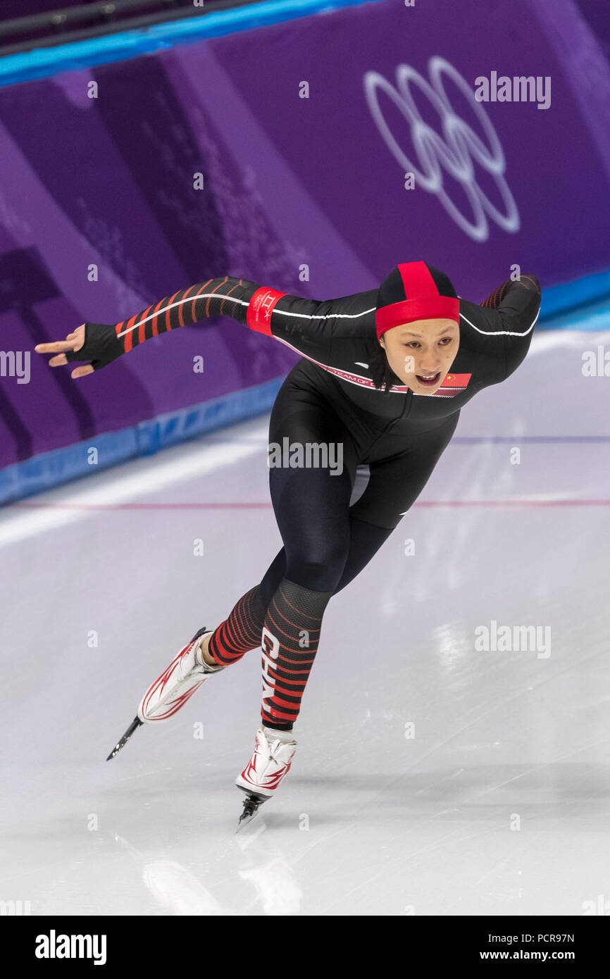 Hong Zhang (CHN) compétiteur dans le patinage de vitesse - 1000m femmes lors des Jeux Olympiques d'hiver de PyeongChang 2018 Banque D'Images