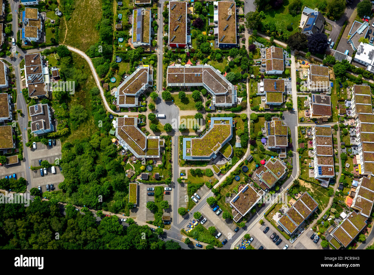 Règlement et Goldammerweg Eco Domstraße avec place du village, de l'établissement avec le centre, le développement urbain, Schwerte, Ruhr, Rhénanie du Nord-Westphalie, Allemagne Banque D'Images