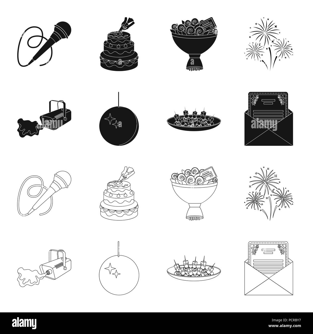 Une caméra vidéo avec la fumée, une maison de twirling ball, une assiette de sandwichs, une enveloppe avec une carte de vœux. Des services d'événements mis en icônes collection bl Illustration de Vecteur