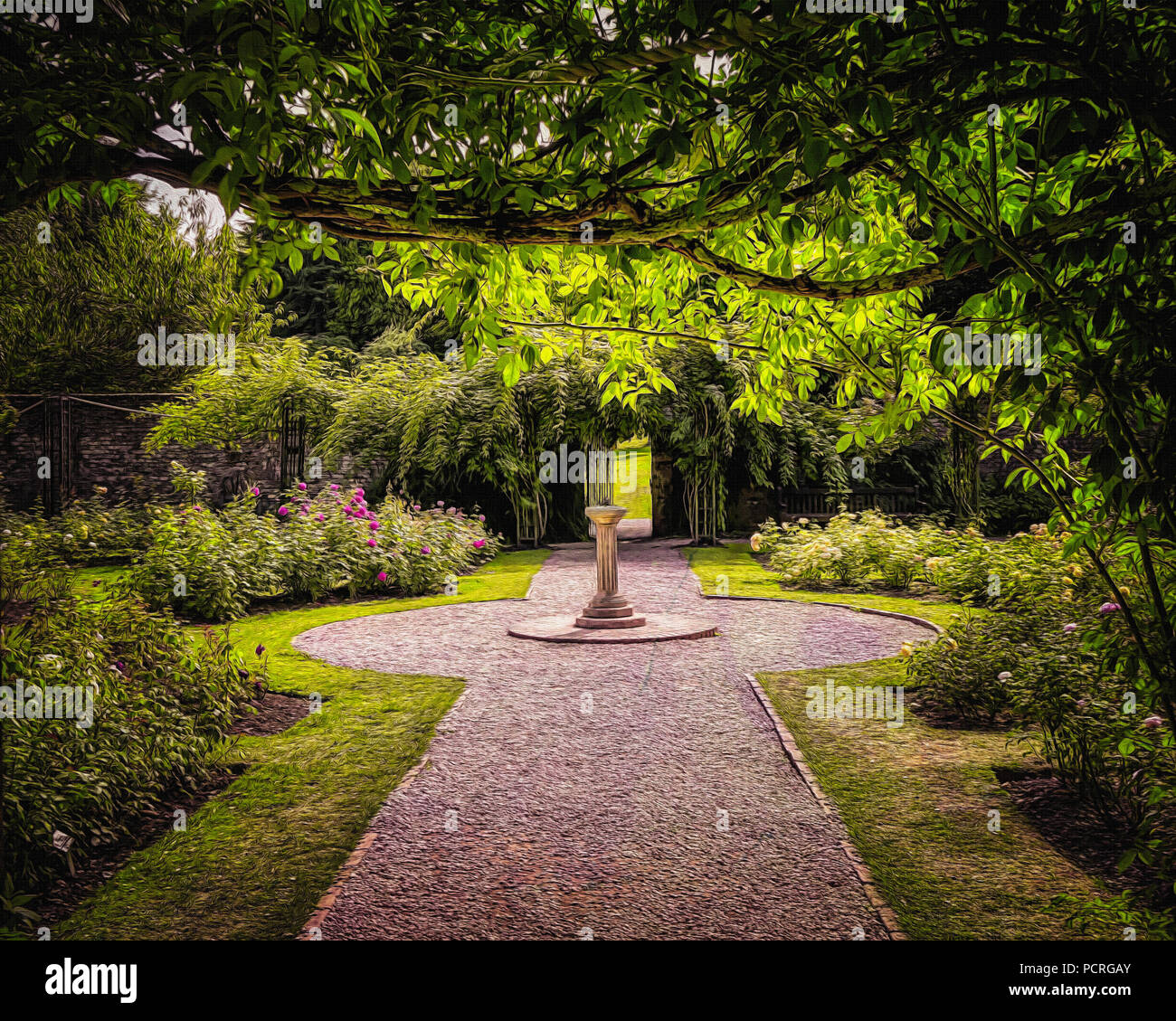 L'art numérique : Le jardin de roses à Cockington Cour Banque D'Images