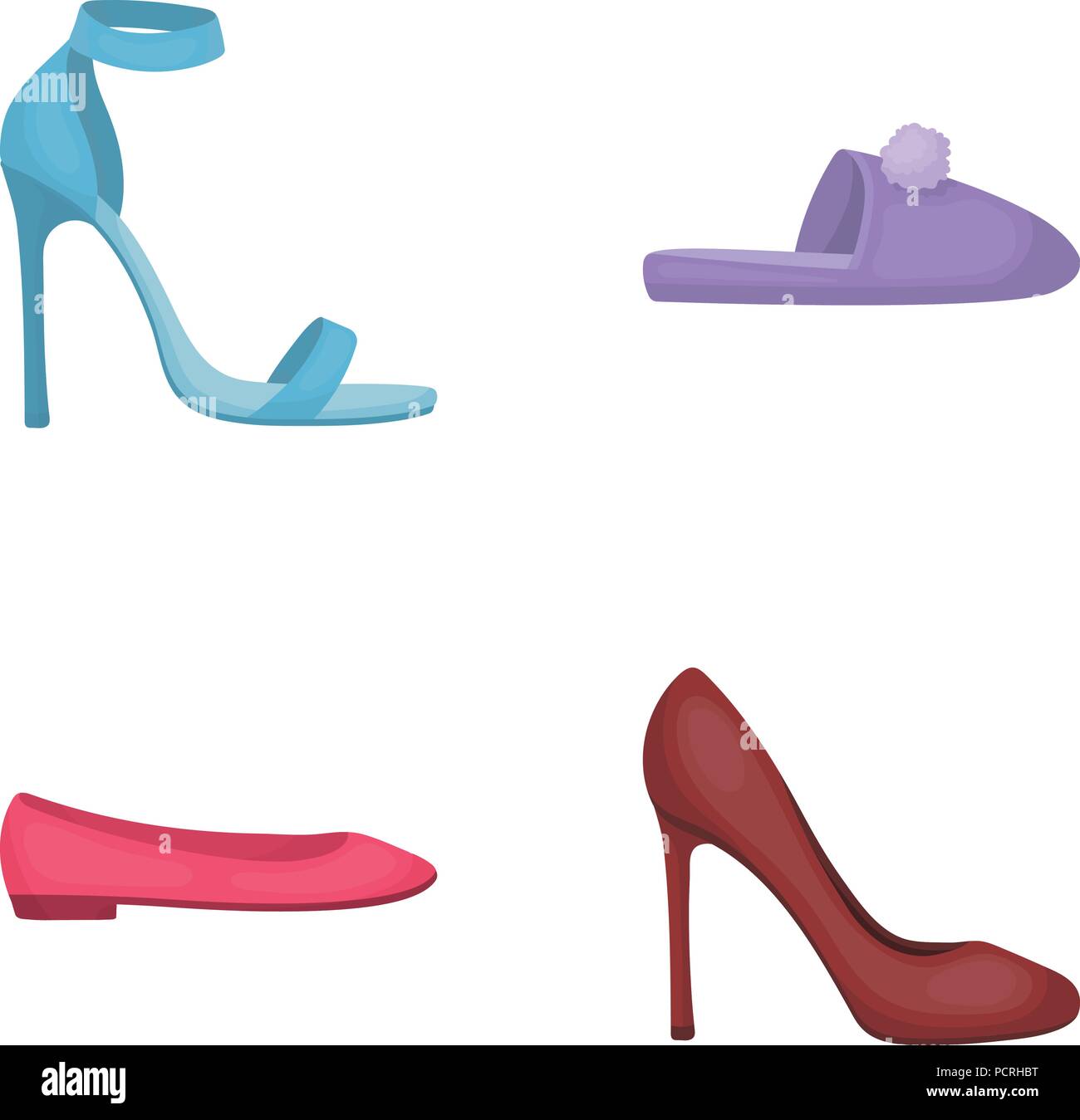 Sandales à talons hauts bleu, lilas maison chaussons avec un pampon, rose women's ballerines, chaussures à talons hauts marron. Set d'icônes dans la collection de chaussures location Illustration de Vecteur
