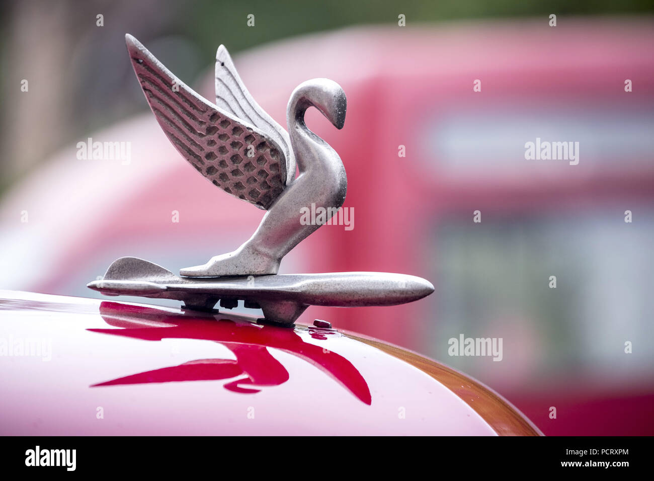 La figure du radiateur d'un vieux street cruiser, red classic car Cabriolet dans la scène de rue, ancienne vedette de la rue américaine dans les rues de La Havane, taxi, La Havane, La Havane, Cuba Banque D'Images