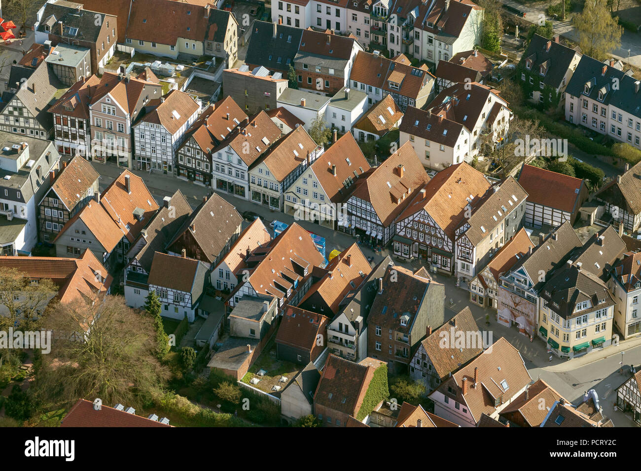 Krummestraße avec maisons à colombages, photographie aérienne de Detmold Banque D'Images
