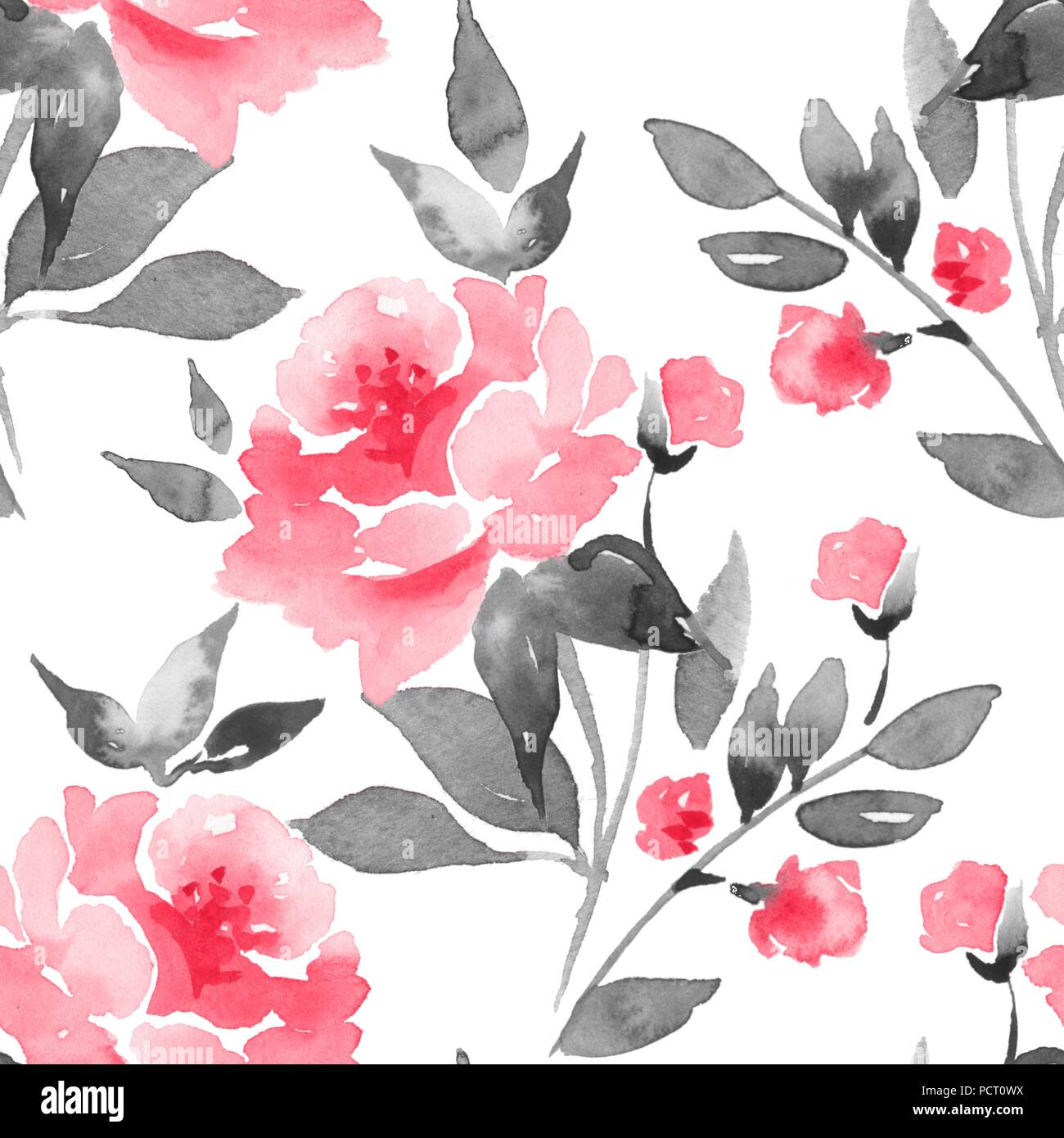 Transparente Floral pattern. Contexte aquarelle avec les fleurs rouges Banque D'Images