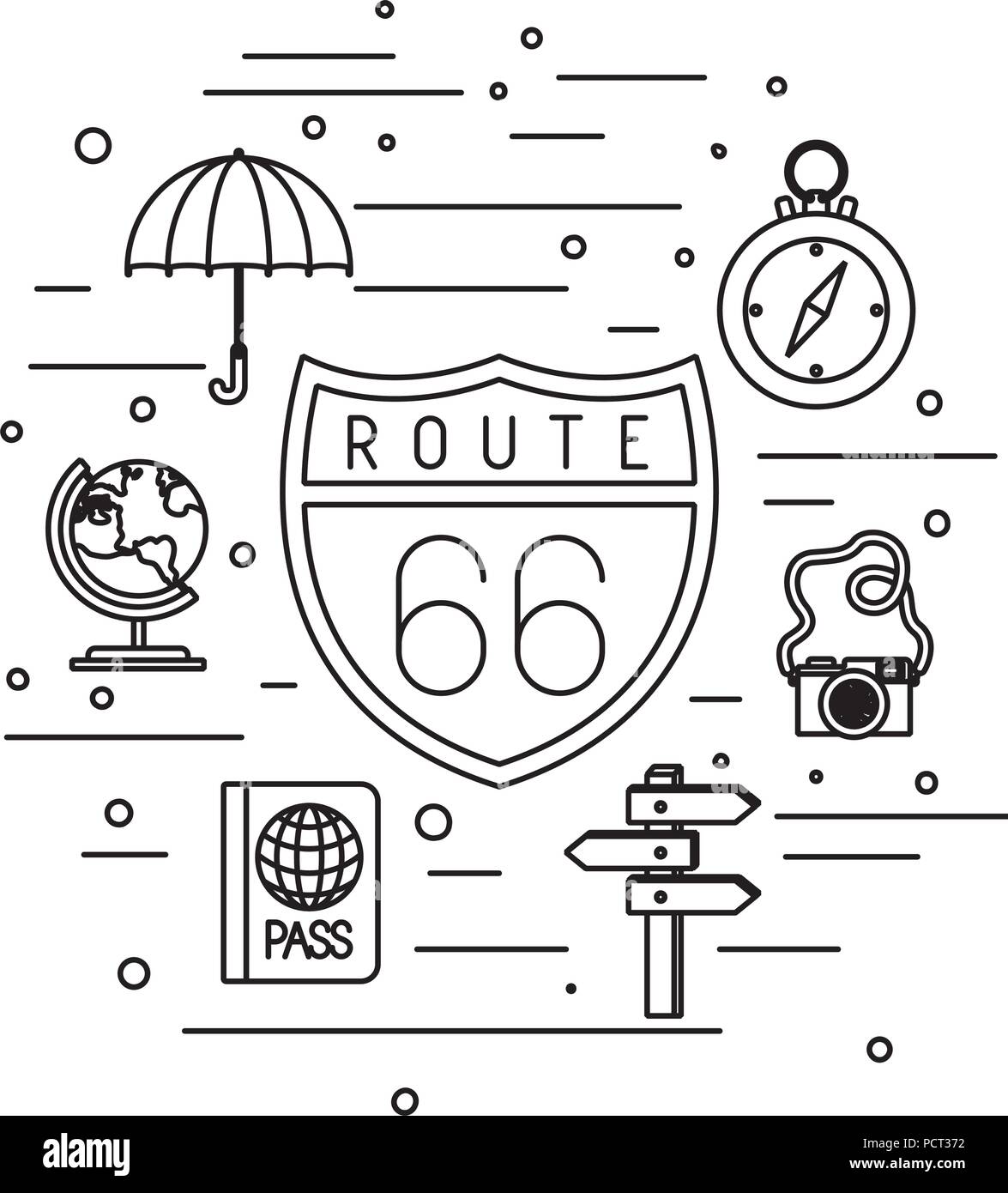 66 route de signal avec set de voyage icons Illustration de Vecteur