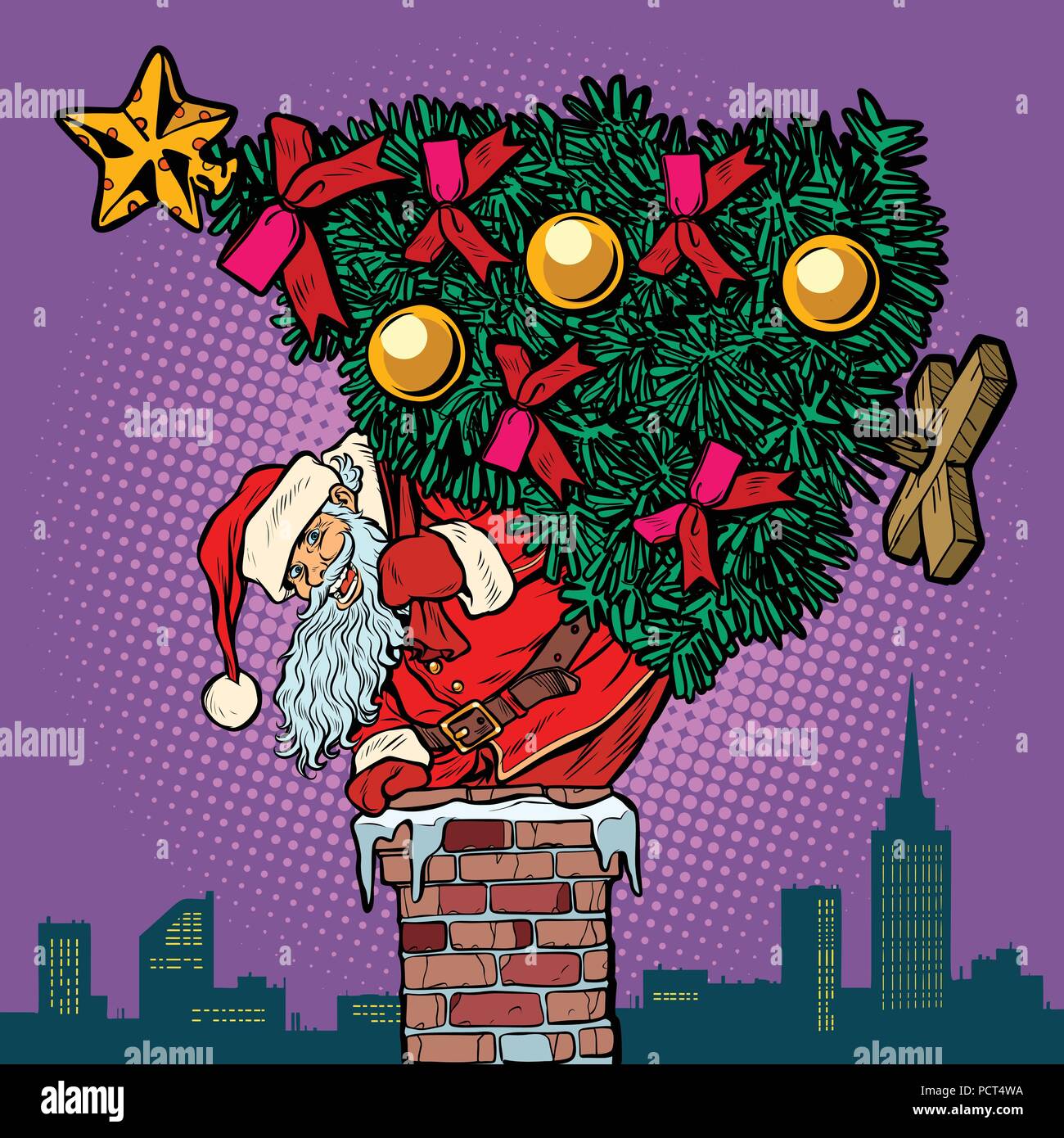 Le Père Noël avec un arbre de Noël monte la cheminée Illustration de Vecteur