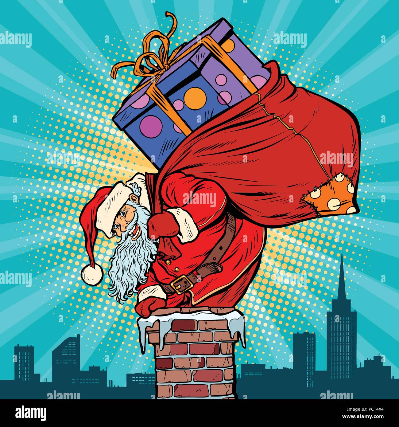 Père Noël avec sac d'escalade présente dans la cheminée Illustration de Vecteur