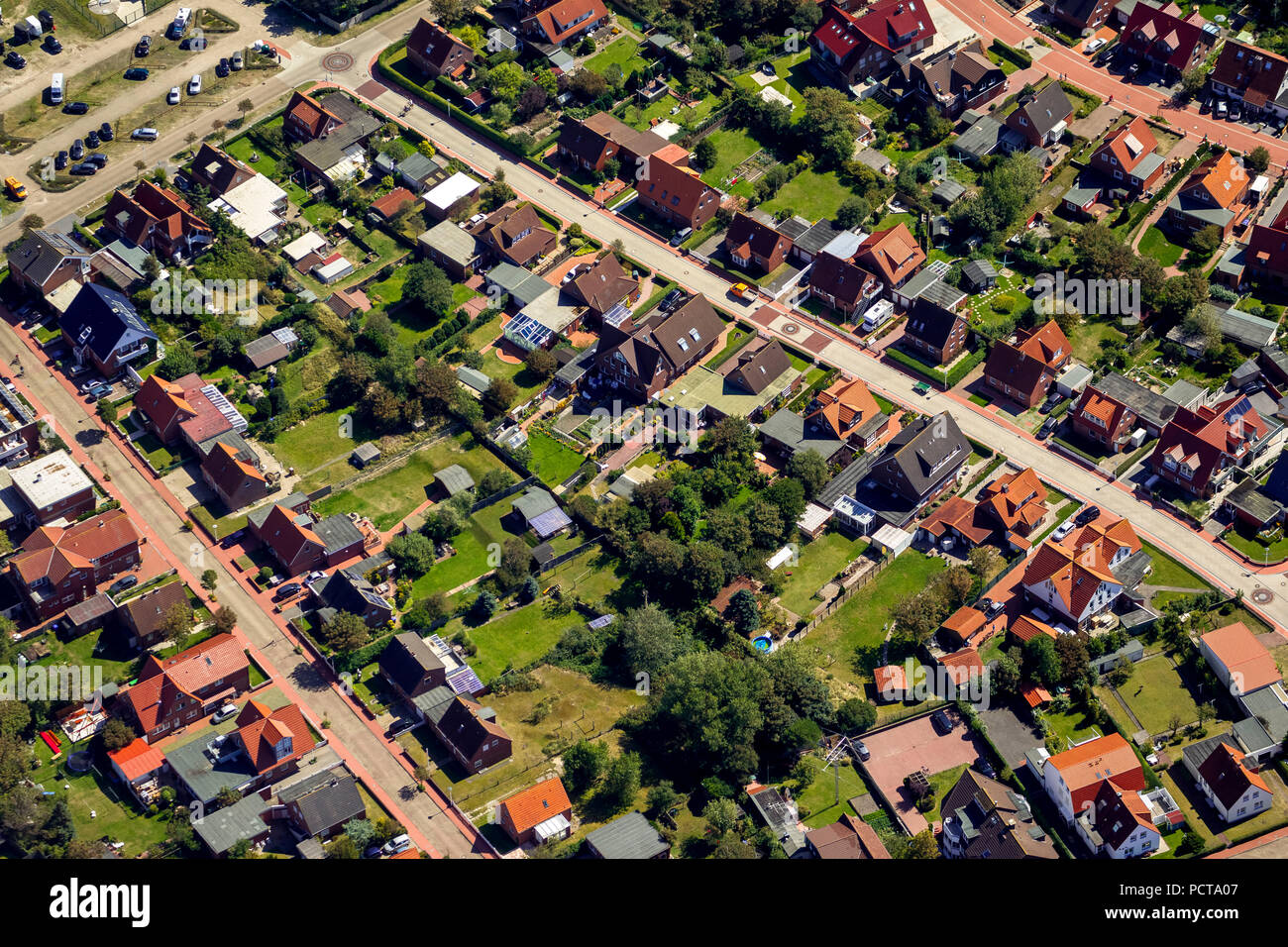 Avec des maisons de vacances Nordhelm, photo aérienne, Norderney, Mer du Nord, l'île de la mer du Nord, îles de la Frise orientale, Basse-Saxe, Allemagne Banque D'Images