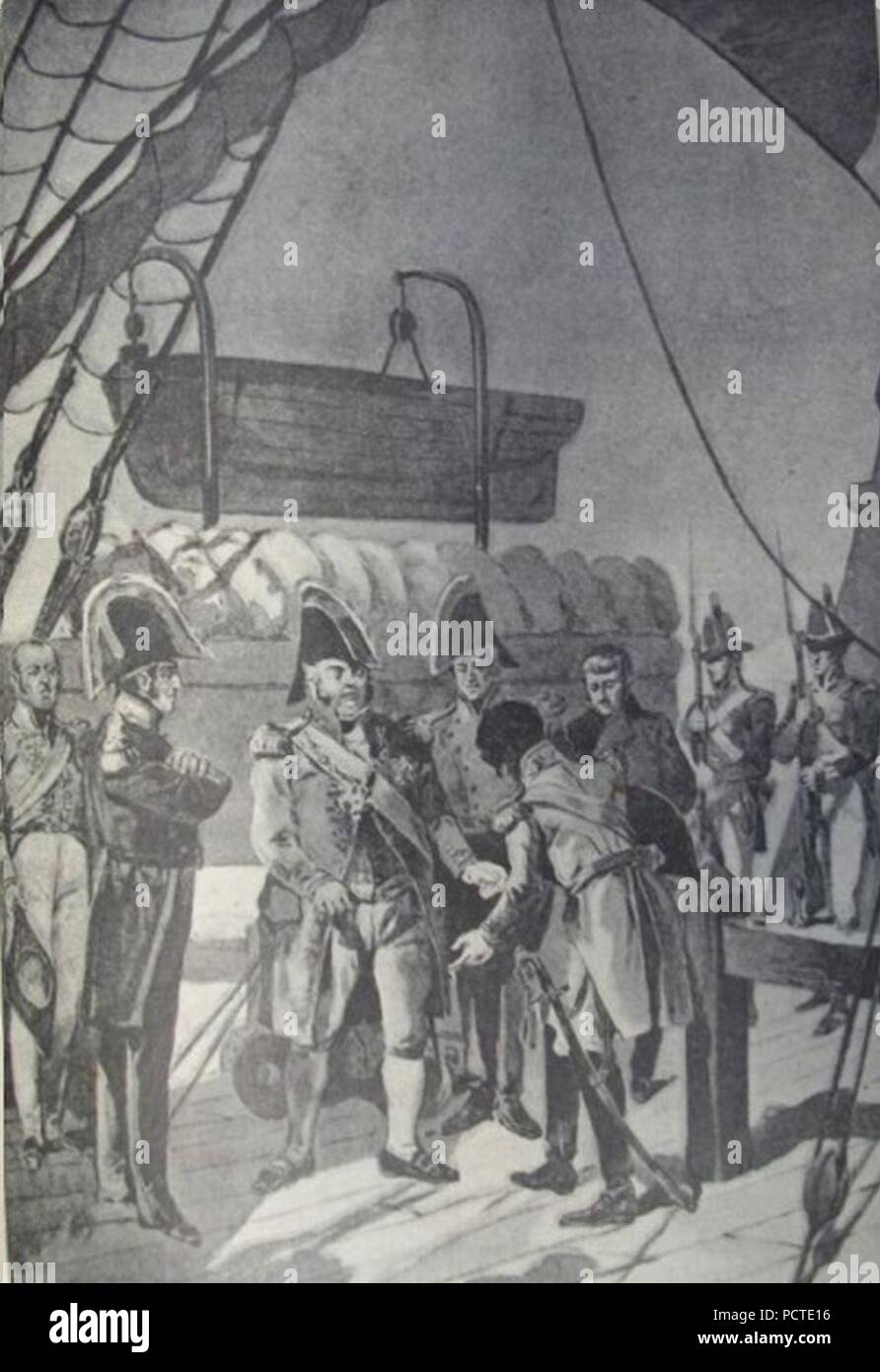Alfredo Roque Gameiro - D. Miguel na presença de seu pai a bordo da Château de Windsor (ilustração para 'populaires - História de Portugal e Ilustrada" 1900). Banque D'Images