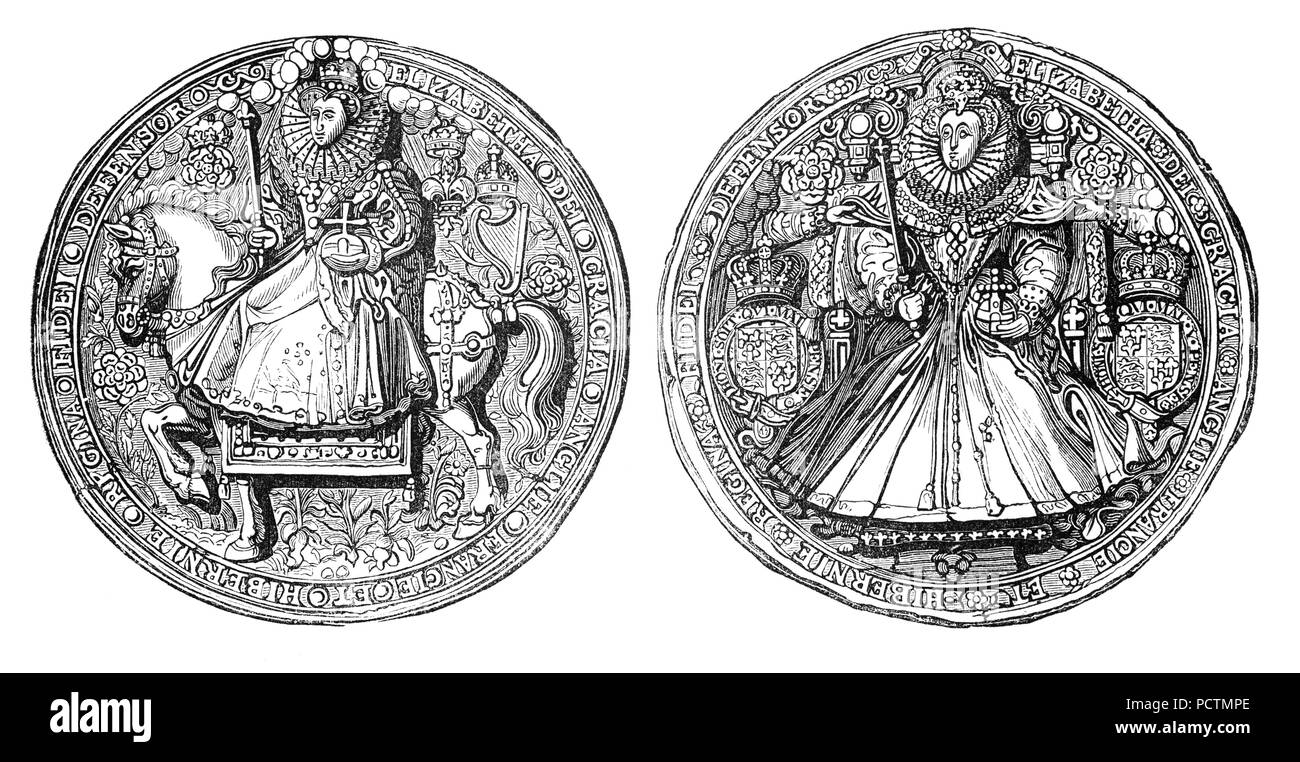 Le Grand Sceau d'Elizabeth I, la Reine Maalouf (de l'Angleterre et l'Irlande à partir du 17 novembre 1558 jusqu'à sa mort le 24 mars 1603. Parfois appelée la reine vierge, Gloriana ou bonne reine Bess, Elizabeth a été le dernier monarque de la maison de Tudor. Banque D'Images