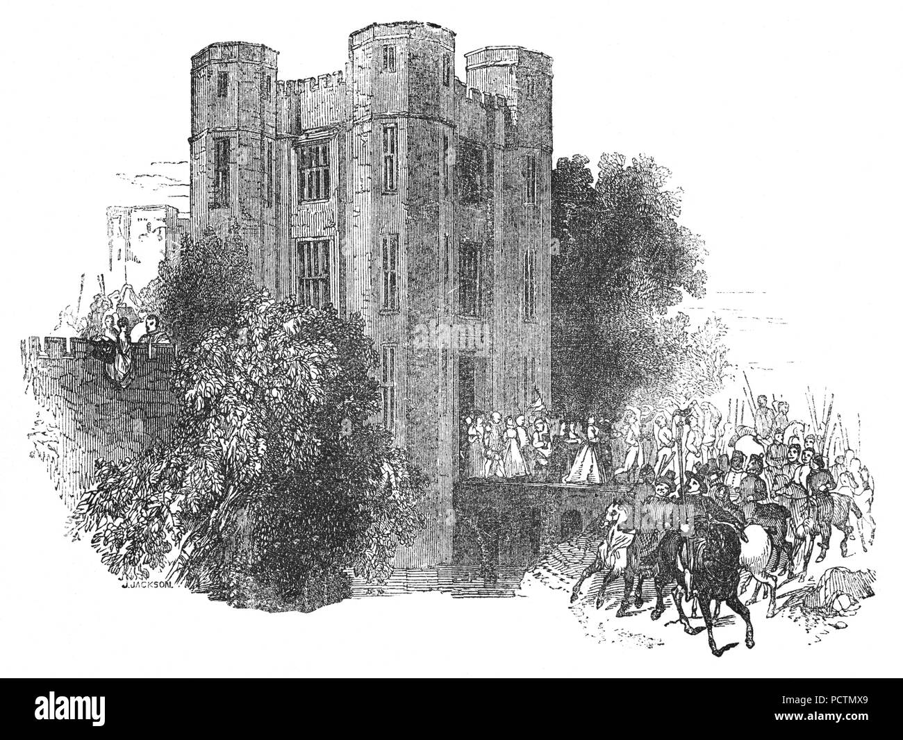 Le château de Kenilworth Warwickshire en Angleterre, a été restaurée par Robert, comte de Leicester, en 1563, qui a poursuivi sa modernisation du père de Kenilworth. Il était désireux d'impressionner Elizabeth de convaincre de l'épouser, et aucune dépense n'a été épargnée. Elizabeth a introduit un entourage de 31 barons et quatre cents personnel pour la visite royale qui a duré dix-neuf jours d'exception avec des pageants, Fireworks, l'appâtage de l'ours, du mystère, de la chasse et joue des banquets somptueux. L'événement a été considéré comme un immense succès mais la reine n'a pas décidé de se marier avec Leicester. Banque D'Images