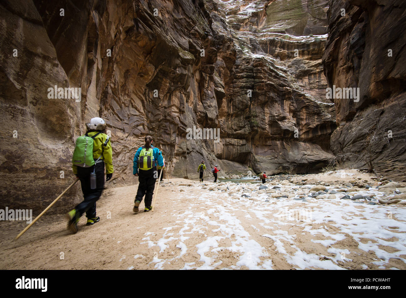 La randonnée du parc national de Zion Canyon, l'emplacement de célèbres Narrows, en hiver nécessite une combinaison sèche et des vêtements chauds. C'est beaucoup moins de monde qu'en été. Banque D'Images