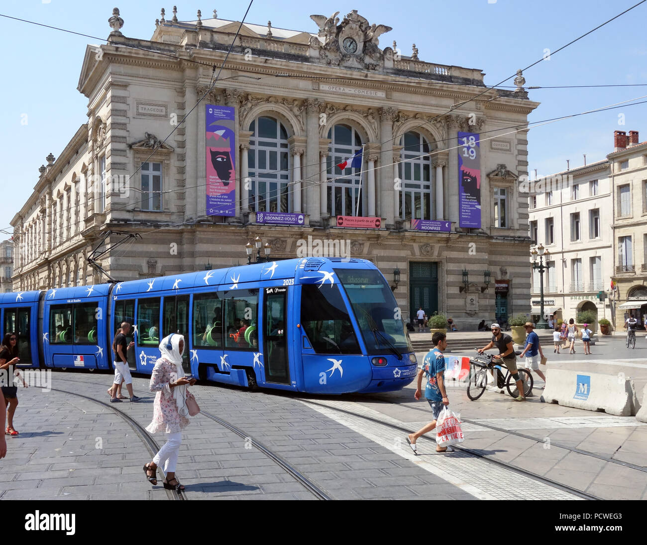 Le réseau de tramway de Montpellier appelé Ligne 1 Mosson-Odysseum sert Montpellier du Nord au Sud pour 15,7 km Banque D'Images