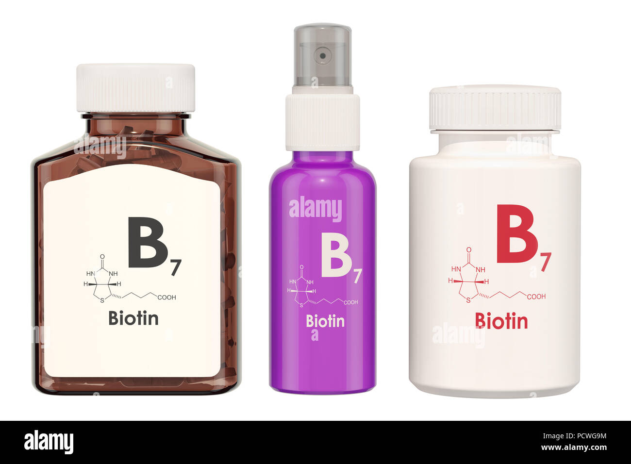 La vitamine B7, biotine. Bouteilles médicales avec des comprimés et bouteille de jet, rendu 3D isolé sur fond blanc Banque D'Images