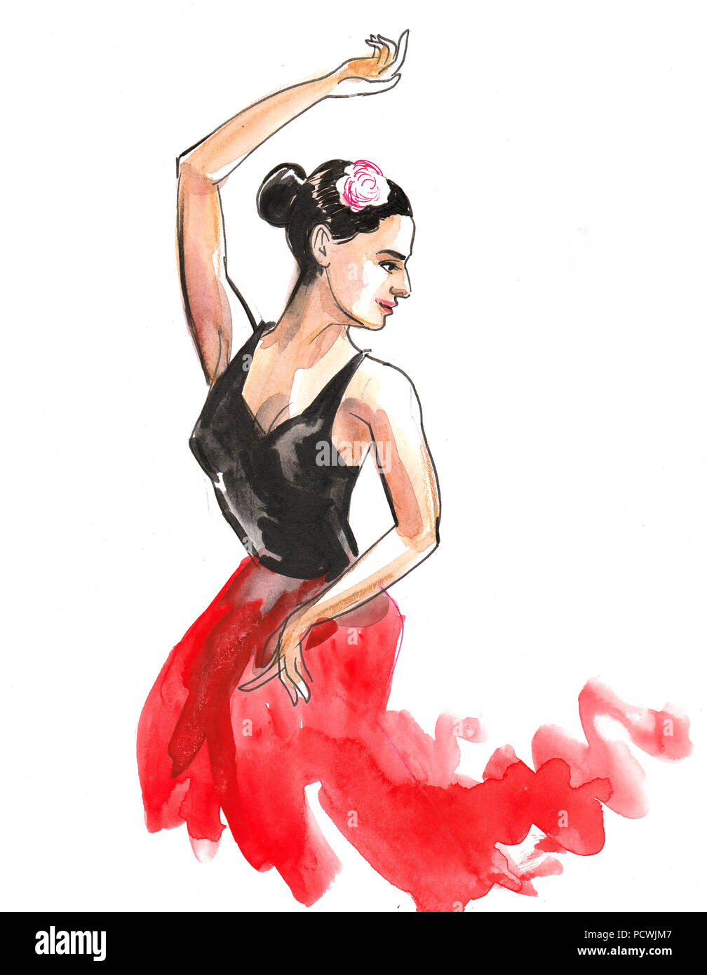 Belle danseuse de flamenco. Encre et aquarelle illustration Banque D'Images