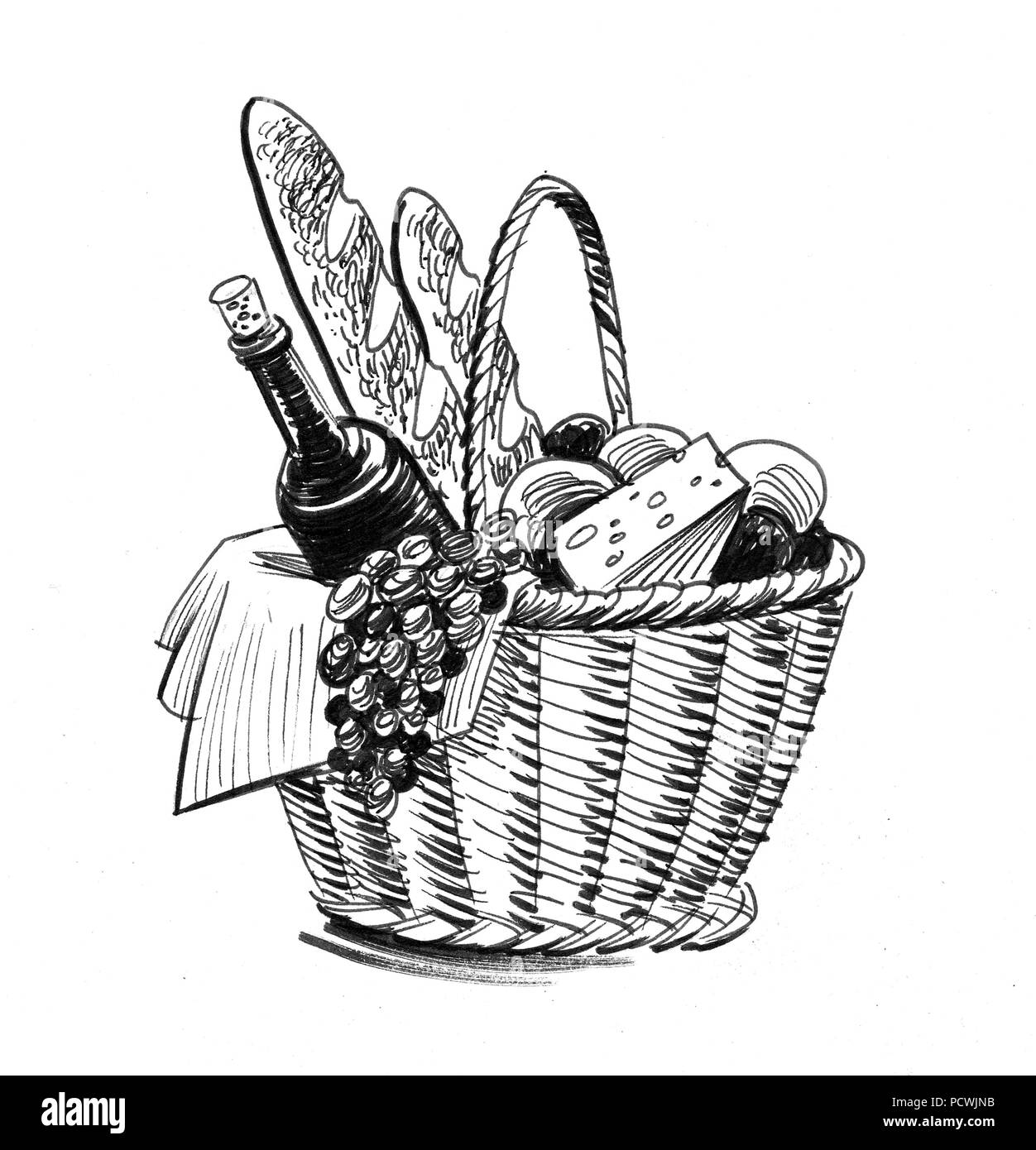Panier alimentaire. Illustration noir et blanc Encre Banque D'Images