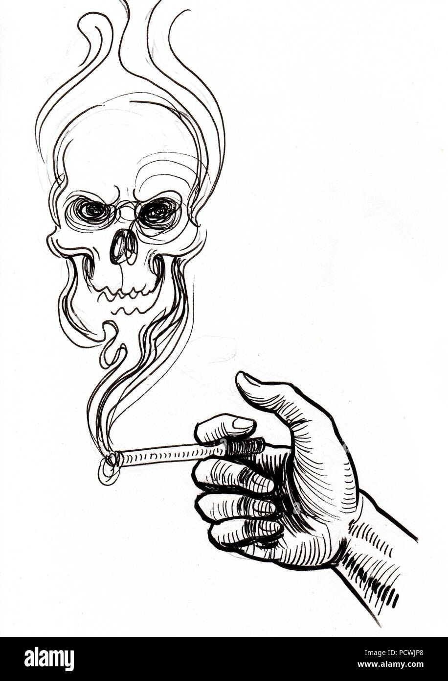 Une cigarette à la main et du crâne. Dessin noir et blanc Encre Banque D'Images