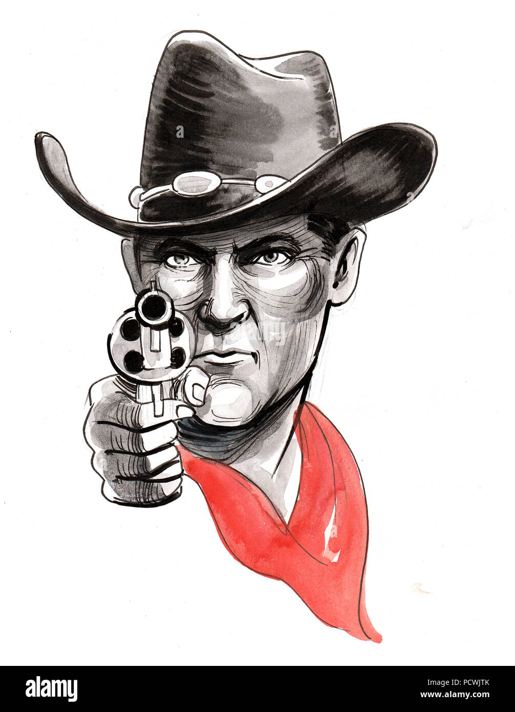 En Cowboy hat pointing gun au spectateur. Encre et aquarelle illustration Banque D'Images