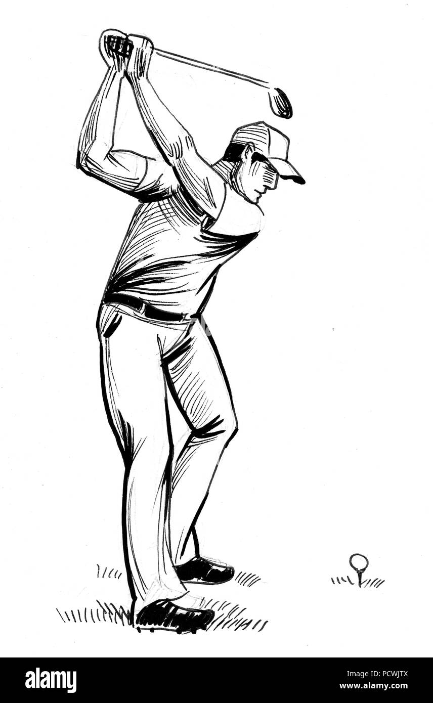 Man playing golf. Illustration noir et blanc Encre Banque D'Images