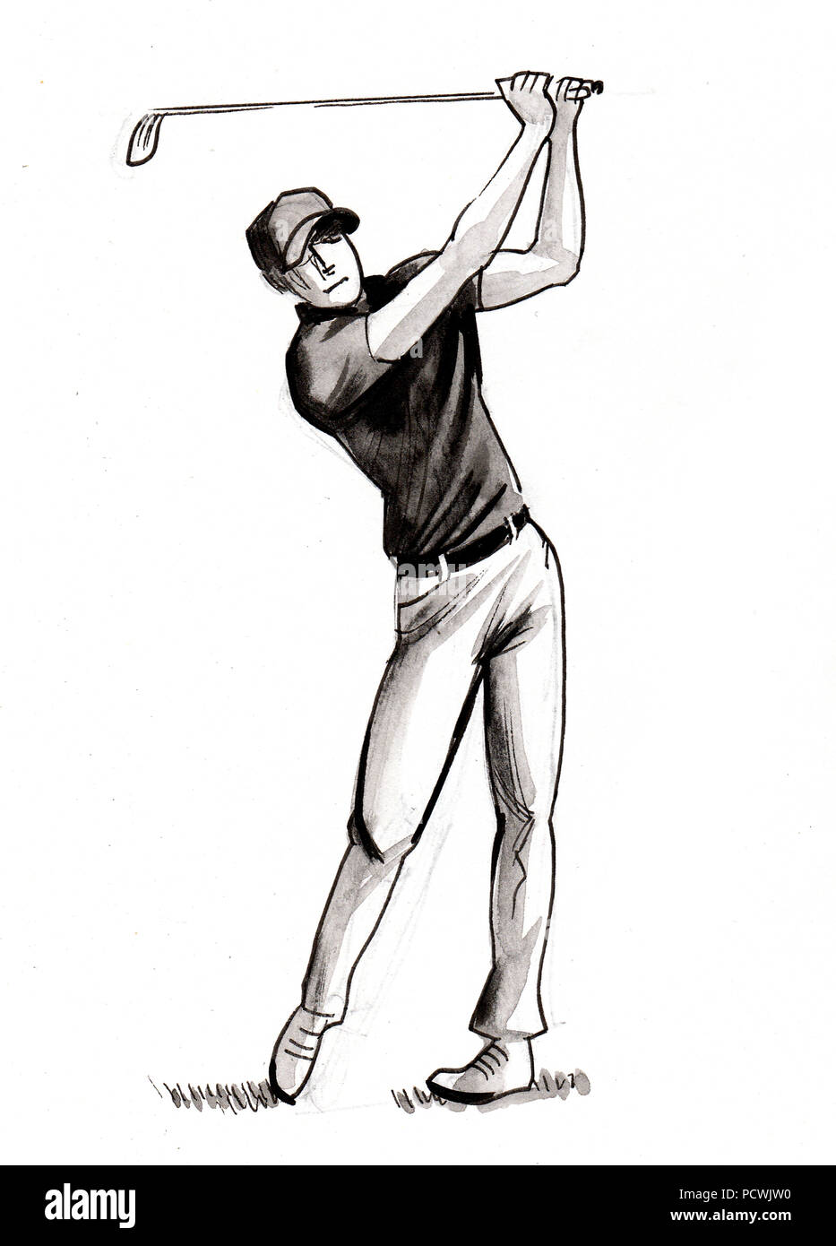 Man playing golf. Illustration noir et blanc Encre Banque D'Images