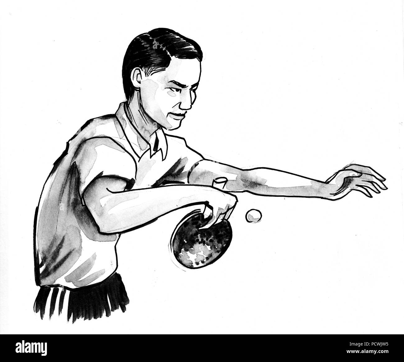 Joueur de ping-pong. Illustration noir et blanc Encre Banque D'Images
