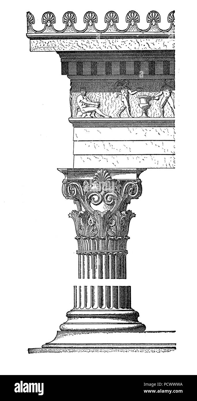 Ordre corinthien capitale avec feuilles d'acanthe et de volutes, monument de Lysicrates à Athènes.Corinthian était le plus fleuri vue de l'architecture grecque et romaine, gravure d'époque Banque D'Images