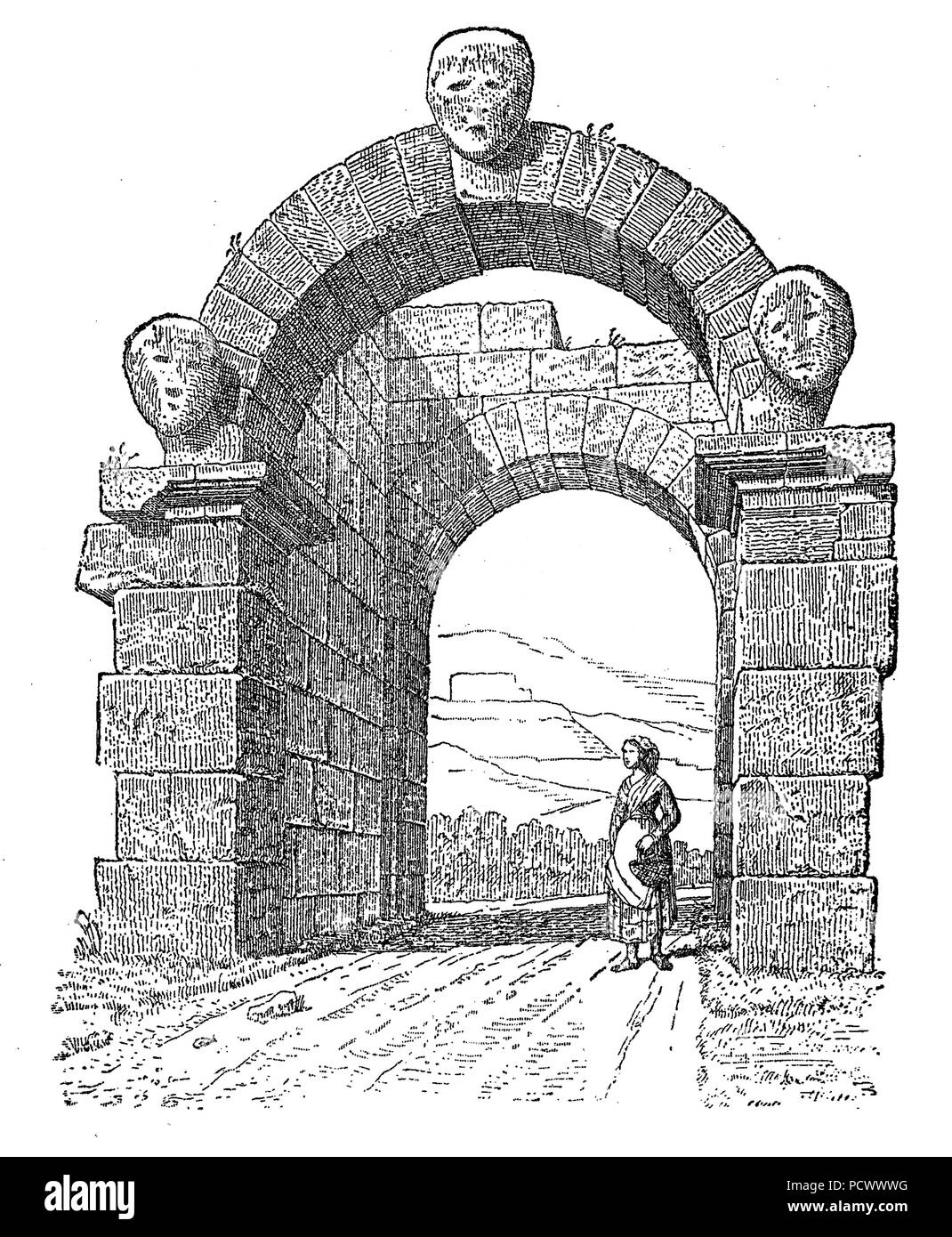 Ancienne ville de Volterra, Toscane, Italie : La Porta alll'Arco gateway ( porte Étrusque) de la 2e siècle BC ,gravure vintage Banque D'Images