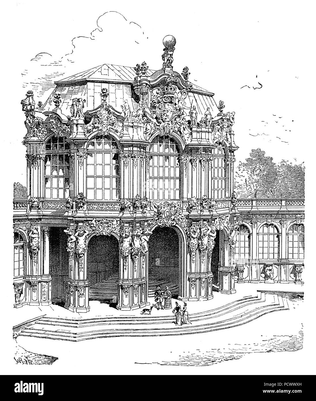 Pavillon de l'ouest du Palais Zwinger, un palais dans la ville de Dresde en Allemagne de l'est construit dans le style baroque et conçu par l'architecte Daniel Poeppelmann cour Matthaeus, gravure d'époque Banque D'Images