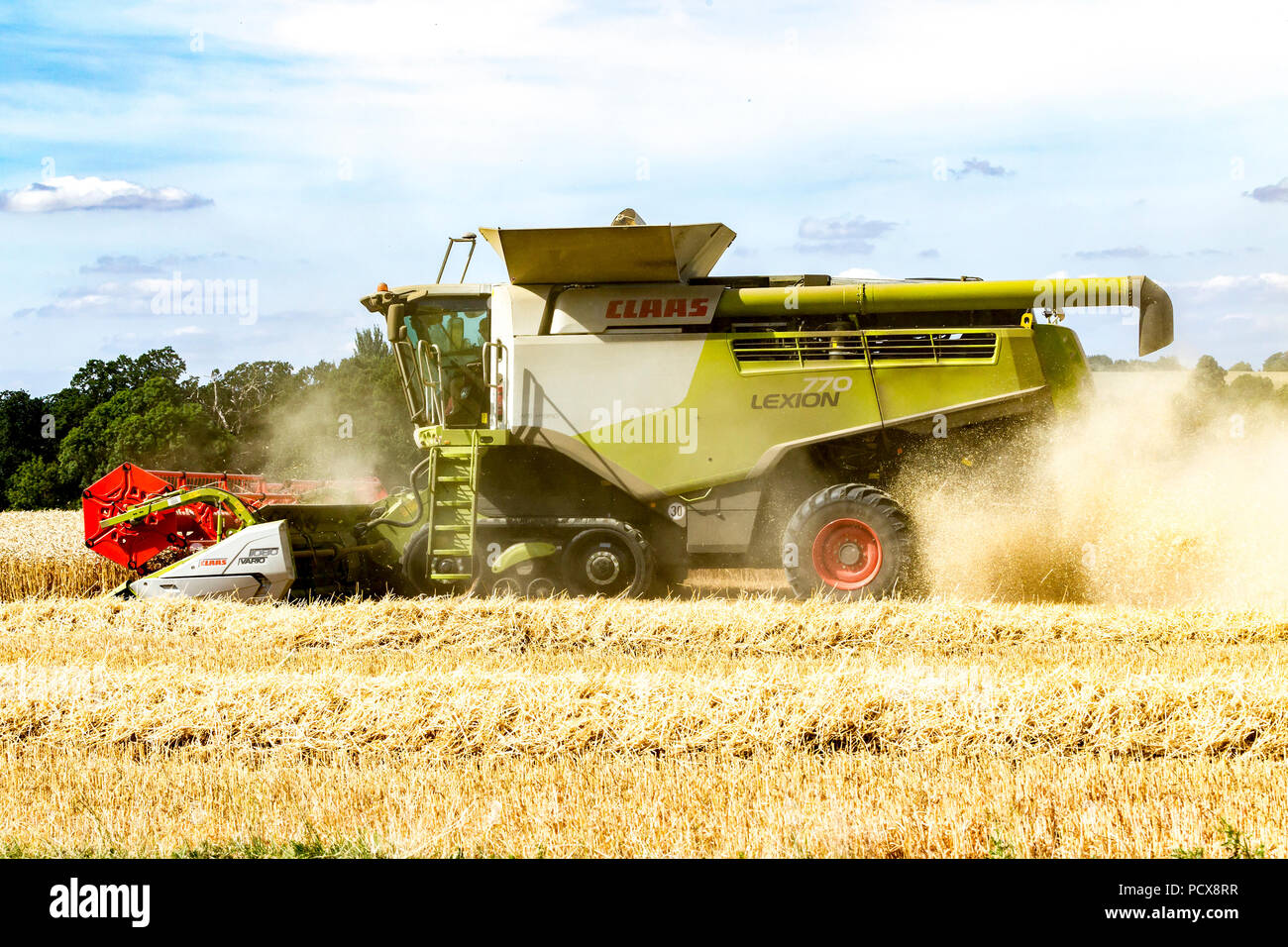 Great Brington, Northamptonshire, Angleterre. 4 août 2018. Les ouvriers agricoles de la récolte avec une moissonneuse Claas 770 Lexton travailler dur pendant la chaleur de l'après-midi pour couper le champ de blé, pour tirer le meilleur parti de la chaleur de l'été la météo. Credit : Keith J Smith./Alamy Live News Banque D'Images