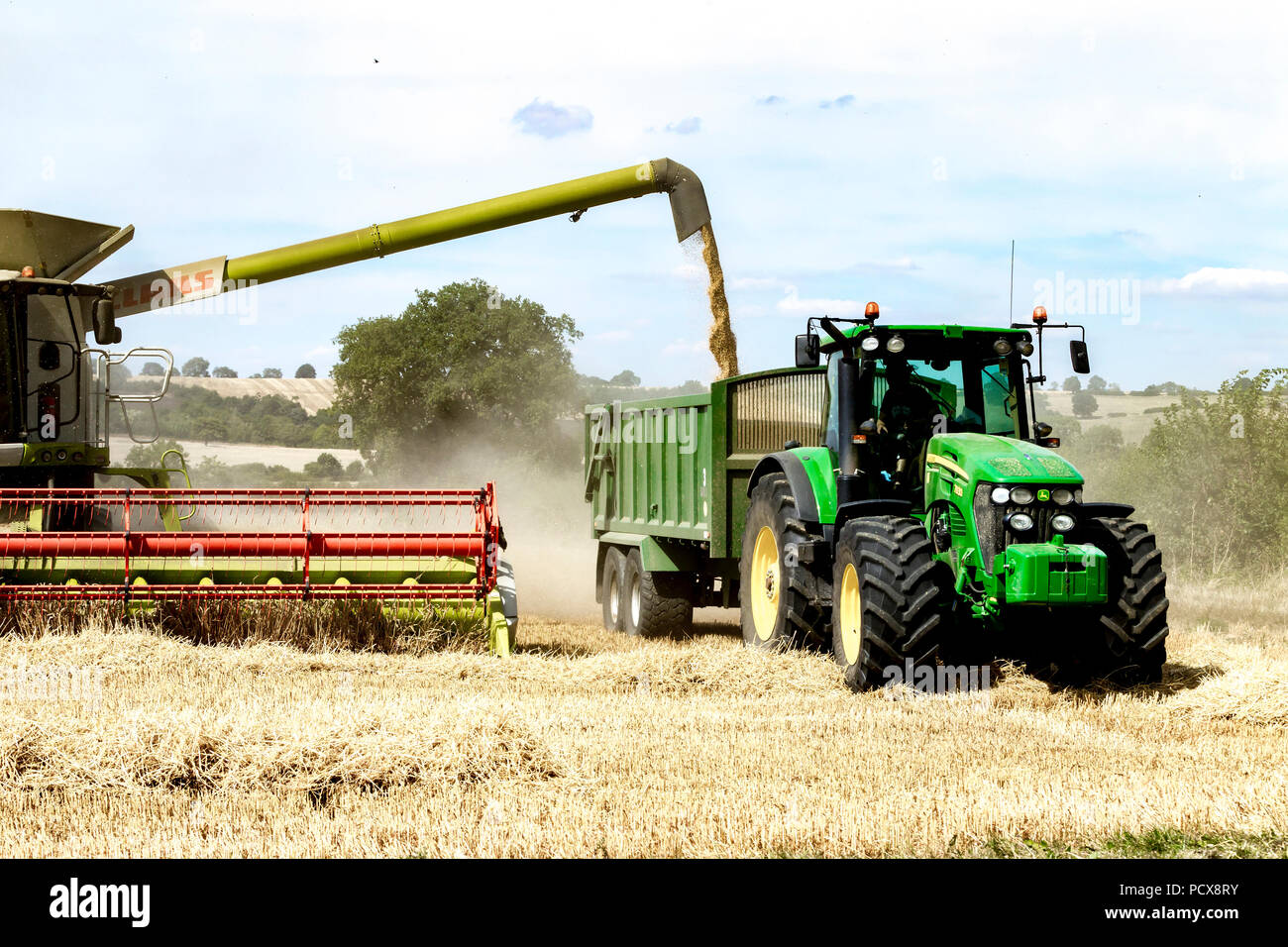Great Brington, Northamptonshire, Angleterre. 4 août 2018. Les ouvriers agricoles de la récolte avec une moissonneuse Claas 770 Lexton travailler dur pendant la chaleur de l'après-midi pour couper le champ de blé, pour tirer le meilleur parti de la chaleur de l'été la météo. Credit : Keith J Smith./Alamy Live News Banque D'Images