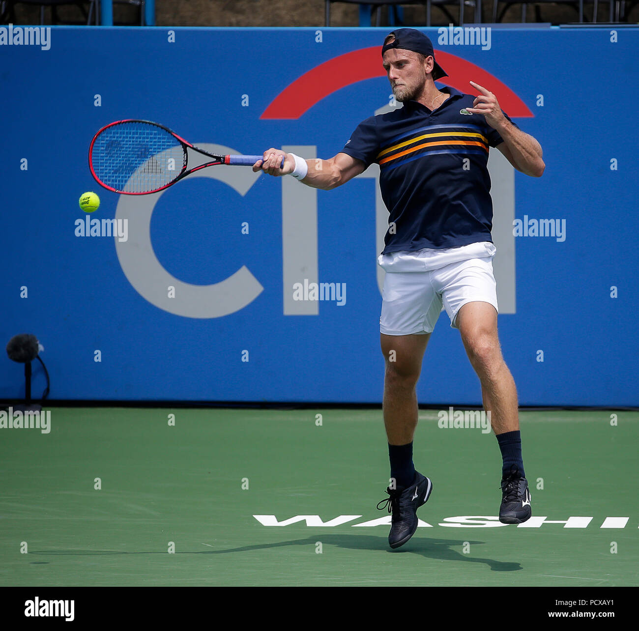 4 août 2018 : Denis Kudla renvoie une balle en coup droit lors d'un match de tennis Open de Citi à Rock Creek Park, à Washington DC. Justin Cooper/CSM Banque D'Images