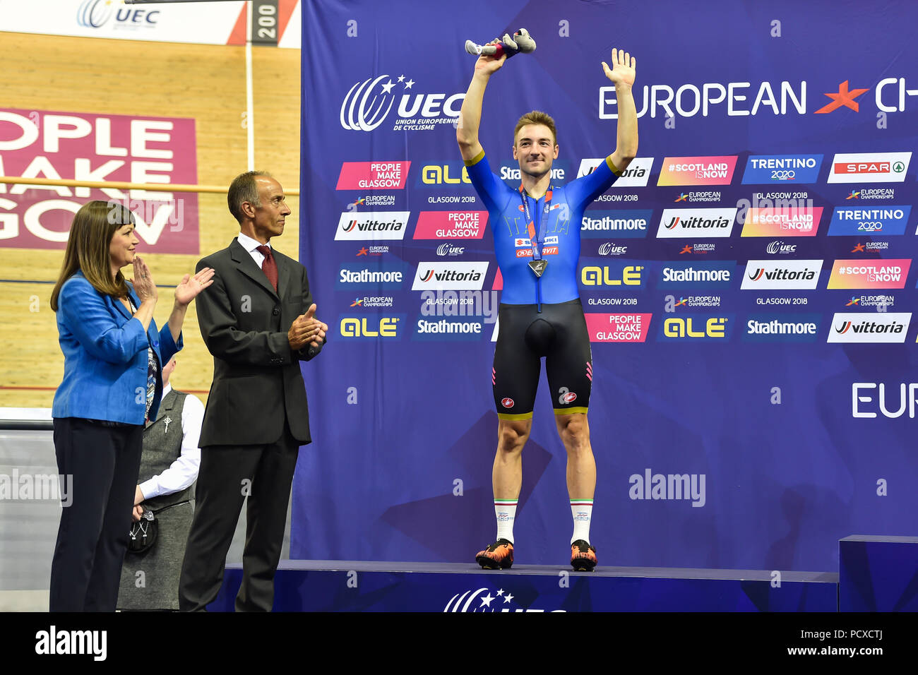 Glasgow, Royaume-Uni. Le 04 août, 2018. Elia Viviani (ITA) - argent après Men's Omnium IV - 25km point race pendant les Championnats d'Europe à Glasgow 2018 Sir Chris Hoy sur Vélodrome Samedi, 04 août 2018. GLASGOW ECOSSE . Credit : Crédit : Wu G Taka Taka Wu/Alamy Live News Banque D'Images